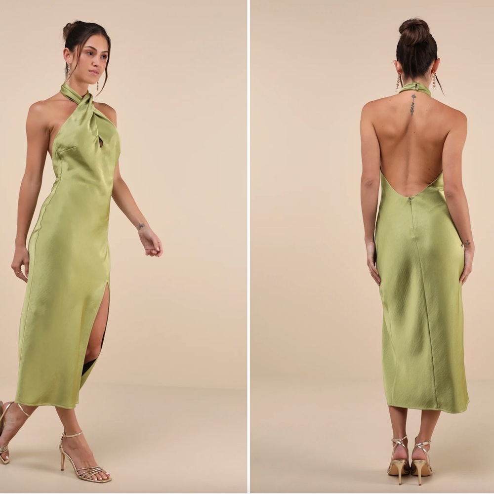 NWT Lulus Beyond Classy Chartreuse Satin Halter Midi Dress Green - Size S - Picture 3 of 4